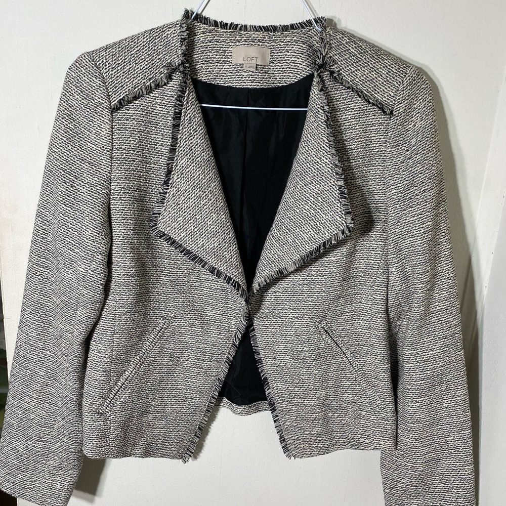 Loft Womens Blazer Black and White Jacket Fringe Frayed Detail Boho Size 6